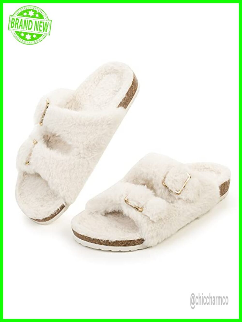 Womens Open Toe Faux Fur Slide Sandals Cork Footbed Double Strap Buckle EVA